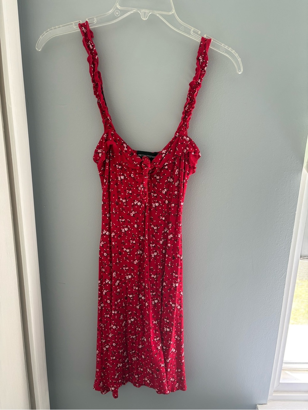 PrettyLittleThing Red Floral Midi Dress with Tie Front
